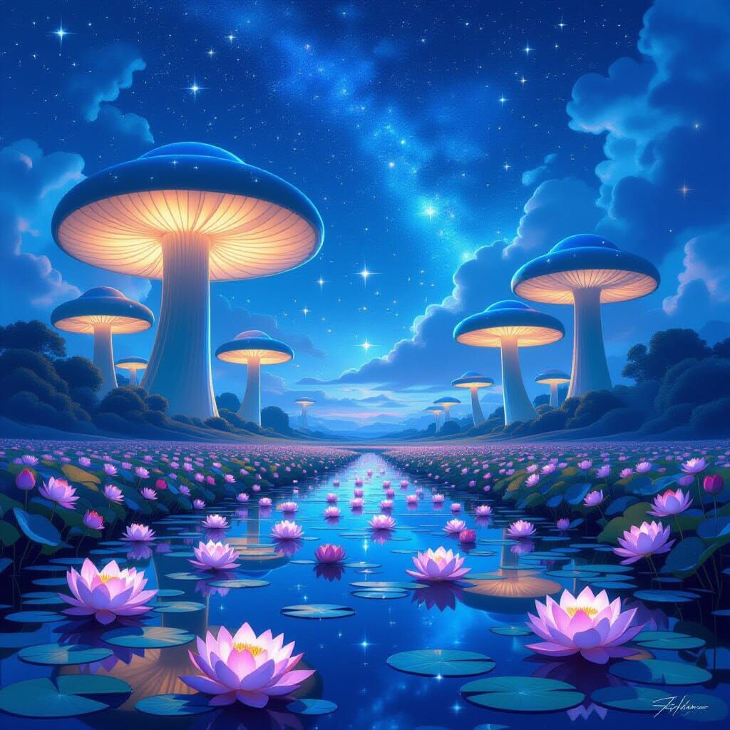 Surreal Bioluminescent Mushroom Dreamscape with Floating Lot...