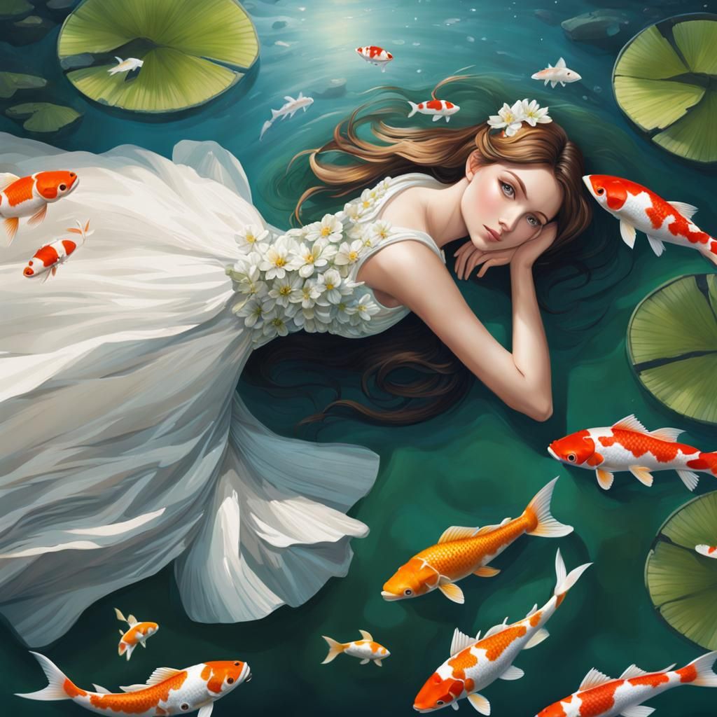 Girl with Green Eyes Watching Koi Fish