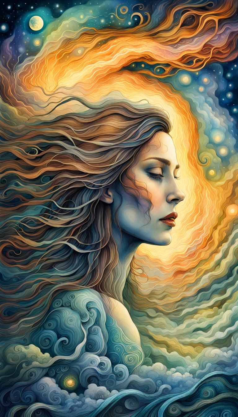 Woman Holding Thunder in Surreal Watercolor Style