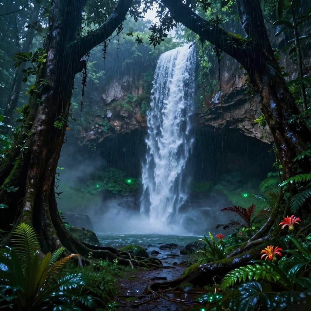 Hidden Cave Behind Waterfall in African Rainforest