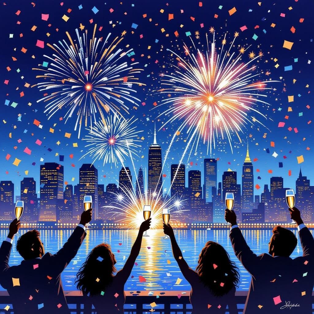 New Year's Eve Cityscape With Fireworks