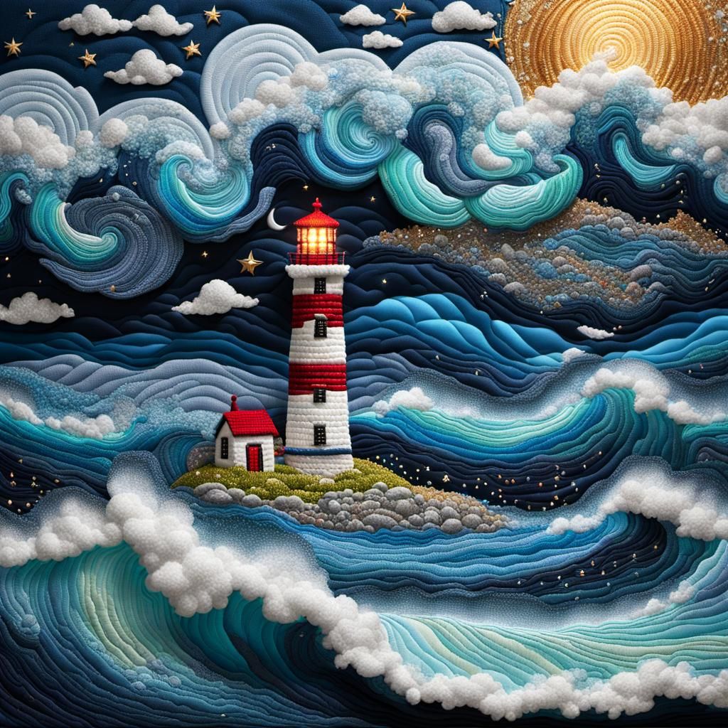 Quilted Storm at Sea with Lighthouse in 3D
