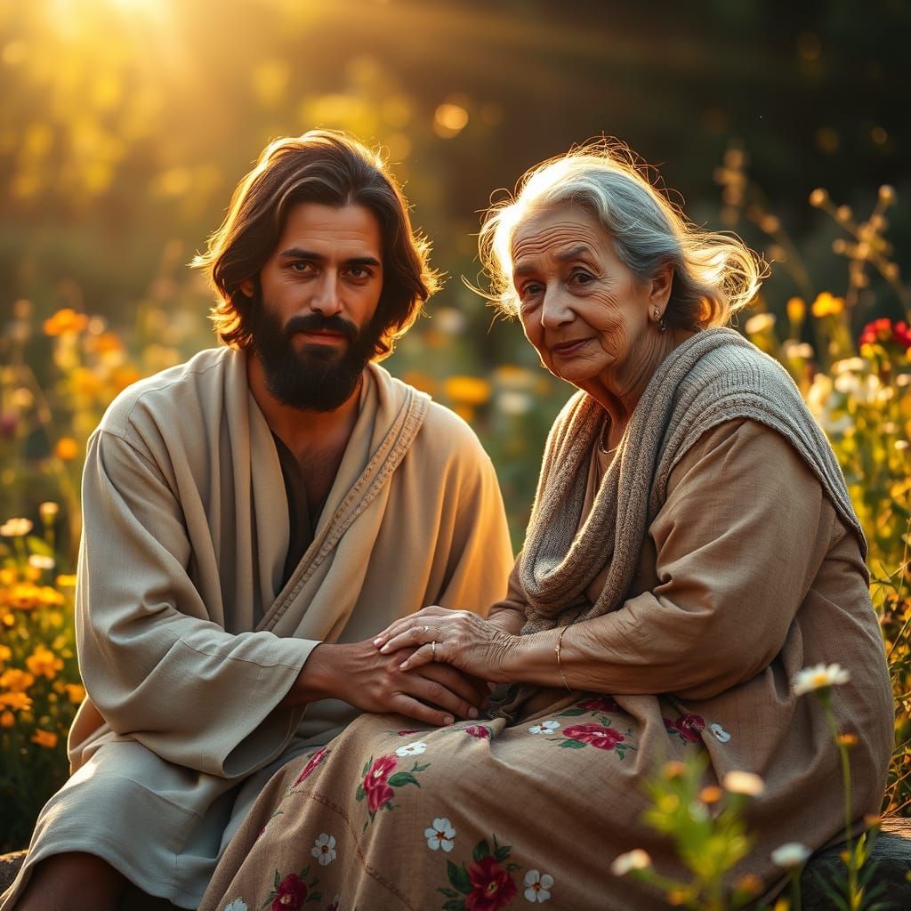 Jesus Comforts Grandmother in Sunlit Garden