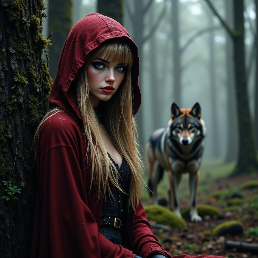 Red Cloaked Woman and Wolf in Misty Forest