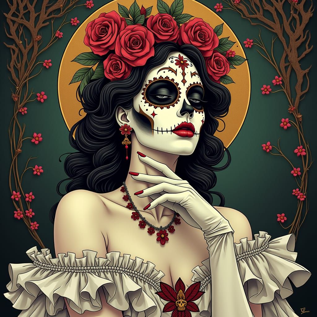 A Beautiful Woman with skull Face make up in corsage