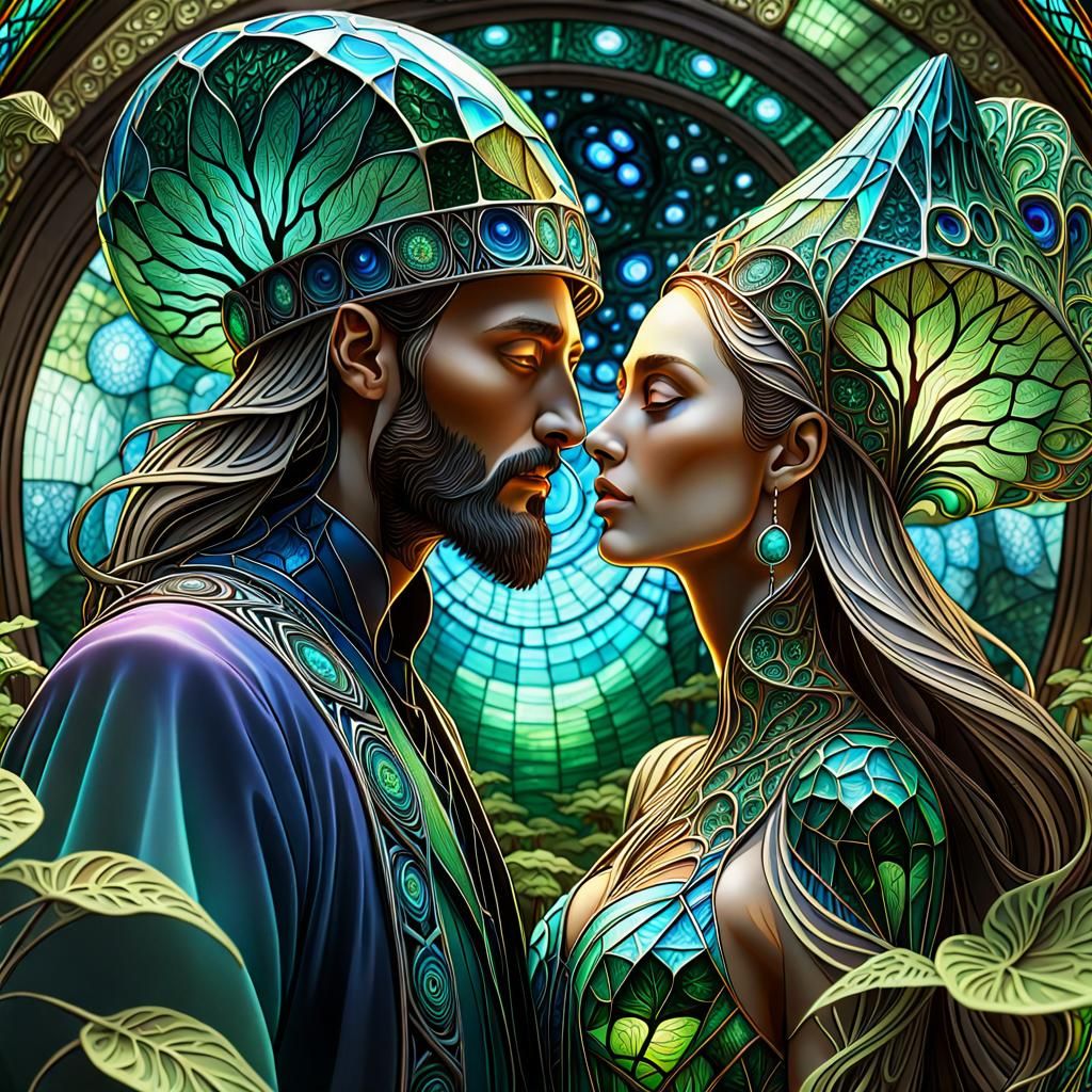 Wizard and Nymph Kissing in Lit Forest