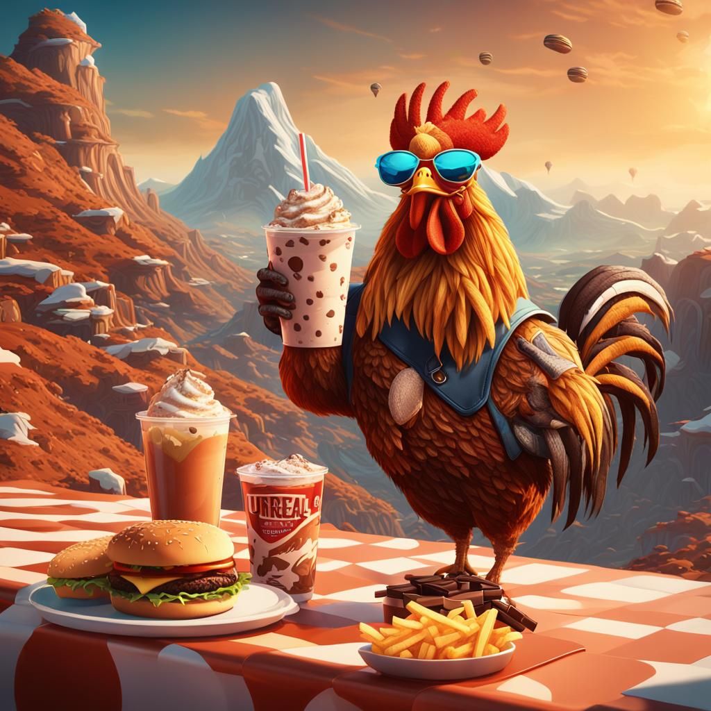 Rooster Lounging on Fries, Digital Matte Painting