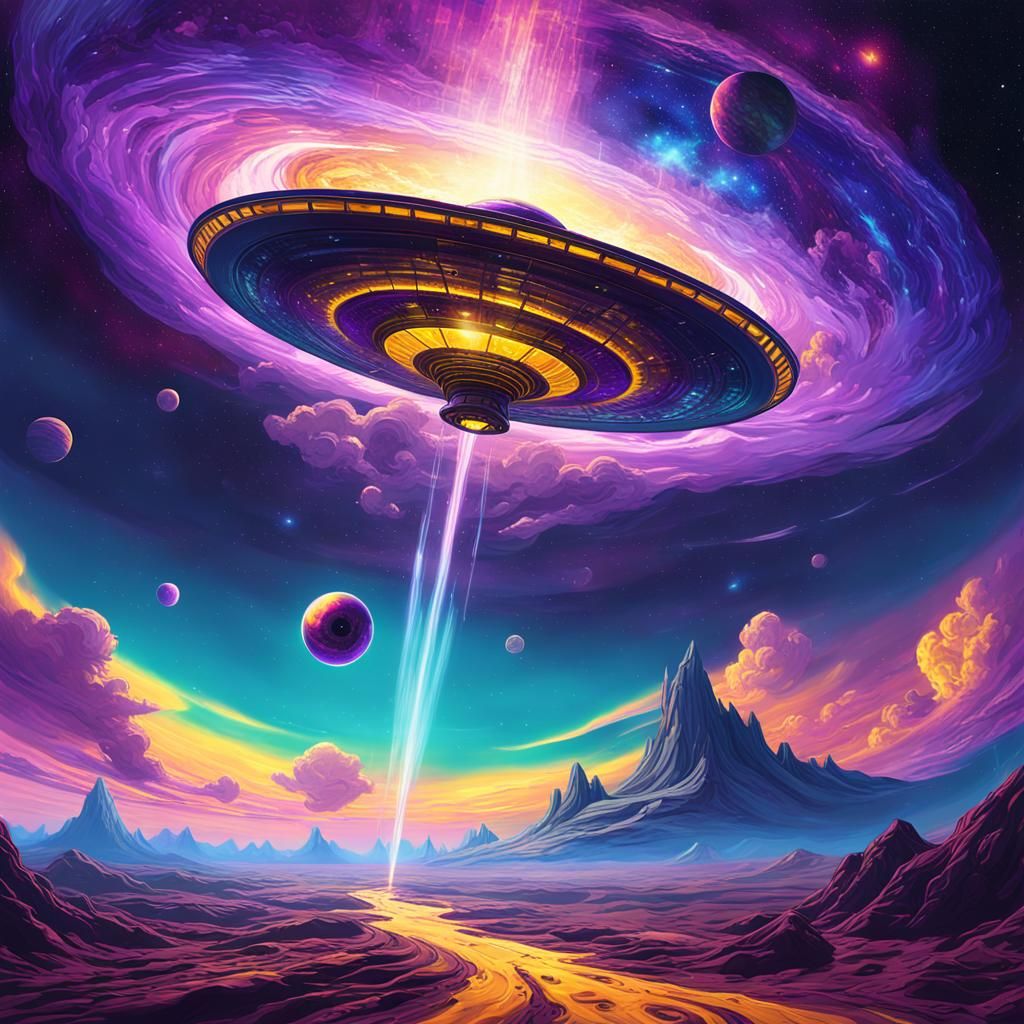 Alien Saucer Traversing Dimensions: Dark Fantasy Art