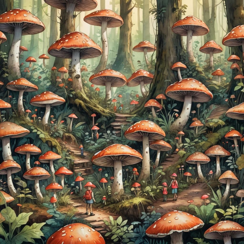 Tiny People Harvesting Giant Mushrooms in Lush Forest