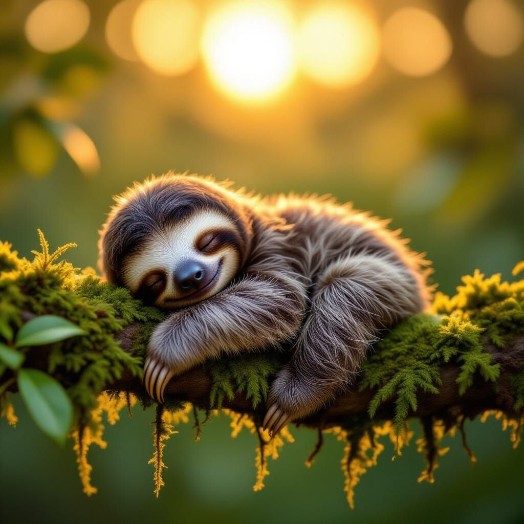Baby Sloth Sleeps in Warm Sunset Light as Digital Matte Pain...