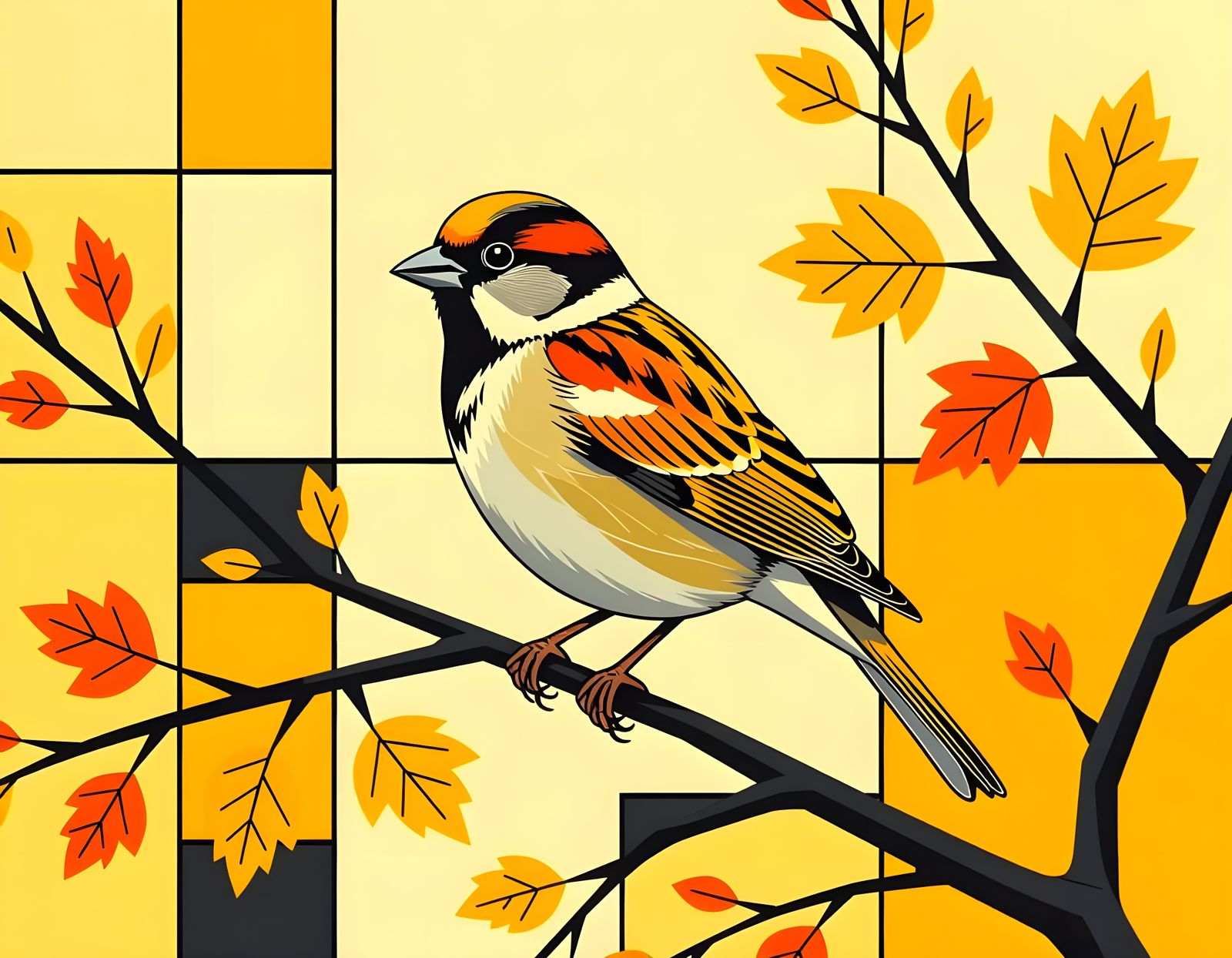Minimalist Sparrow Portrait in Golden Autumn Hues