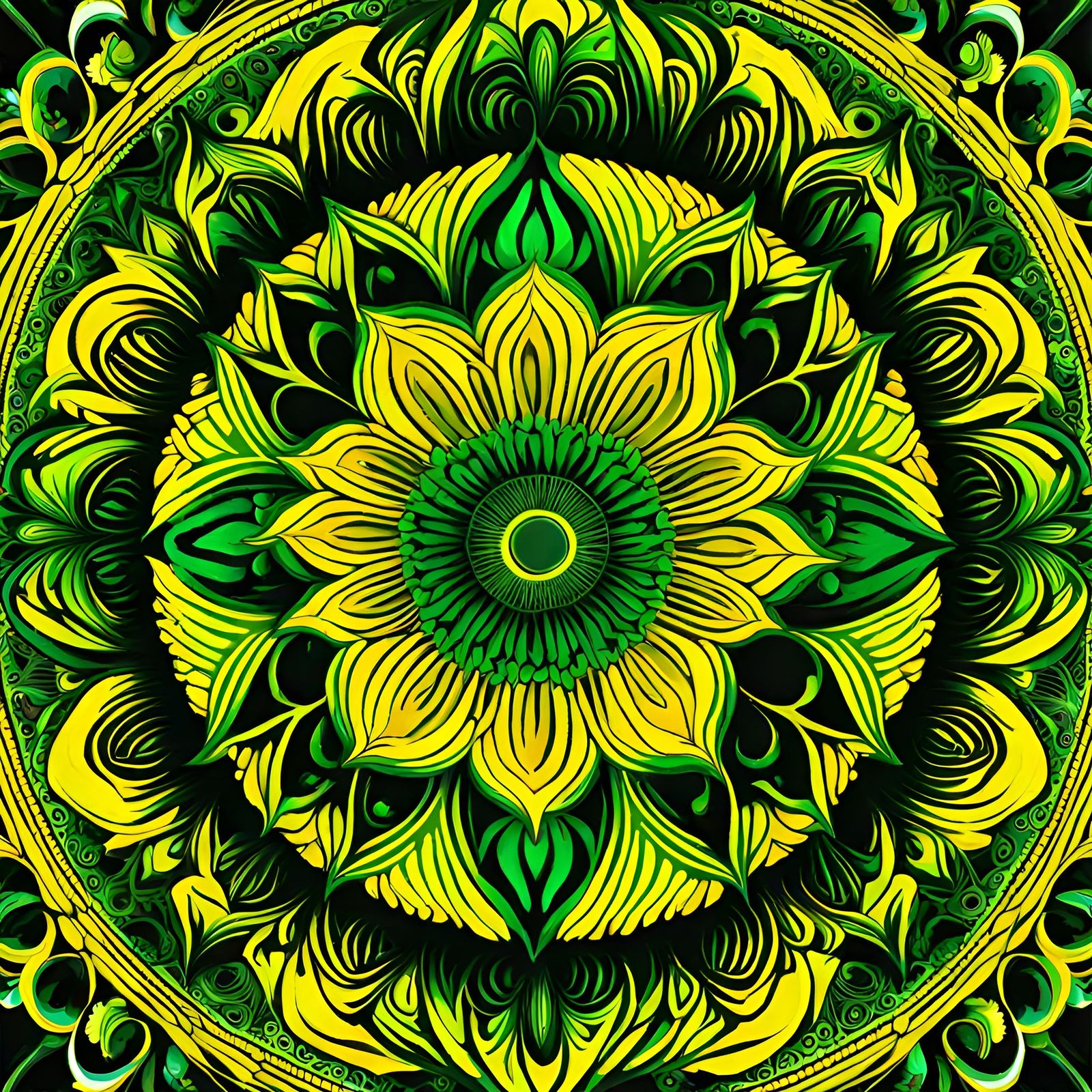 Psychedelic Mandala in Yellow and Green