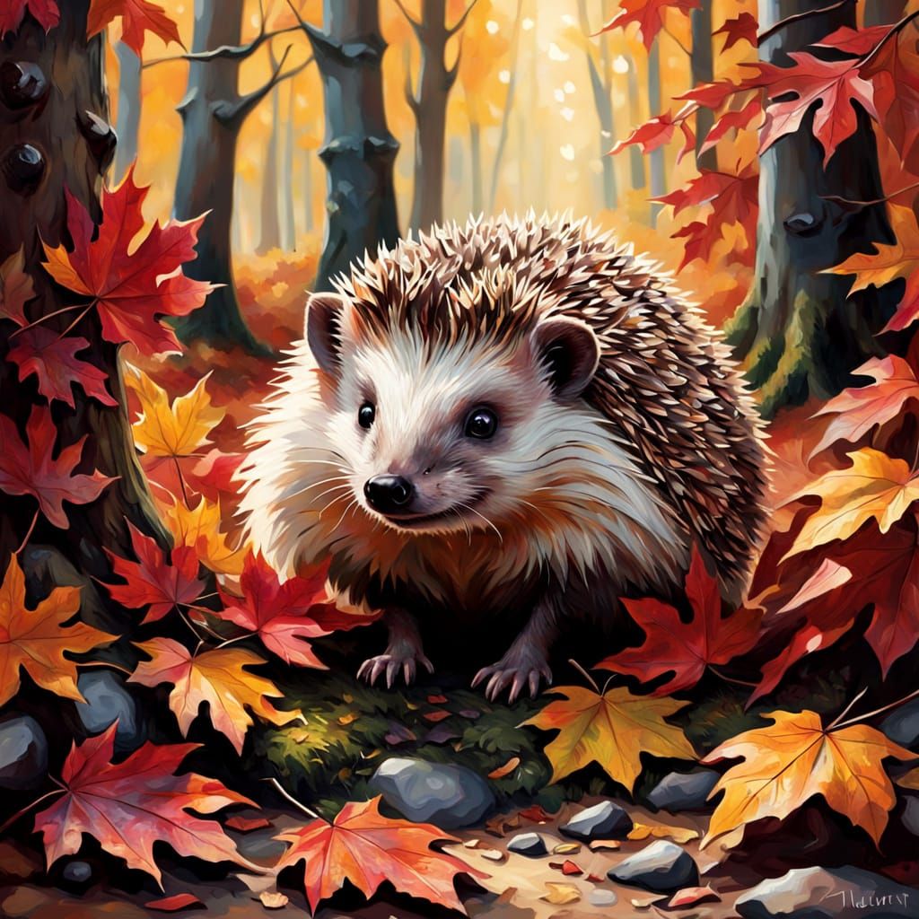 Charming Hedgehog in Autumn Leaves Oil Painting