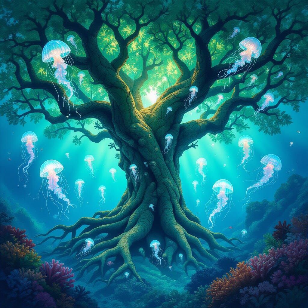 Ancient Tree With Sea Glass Leaves in Coral Reef