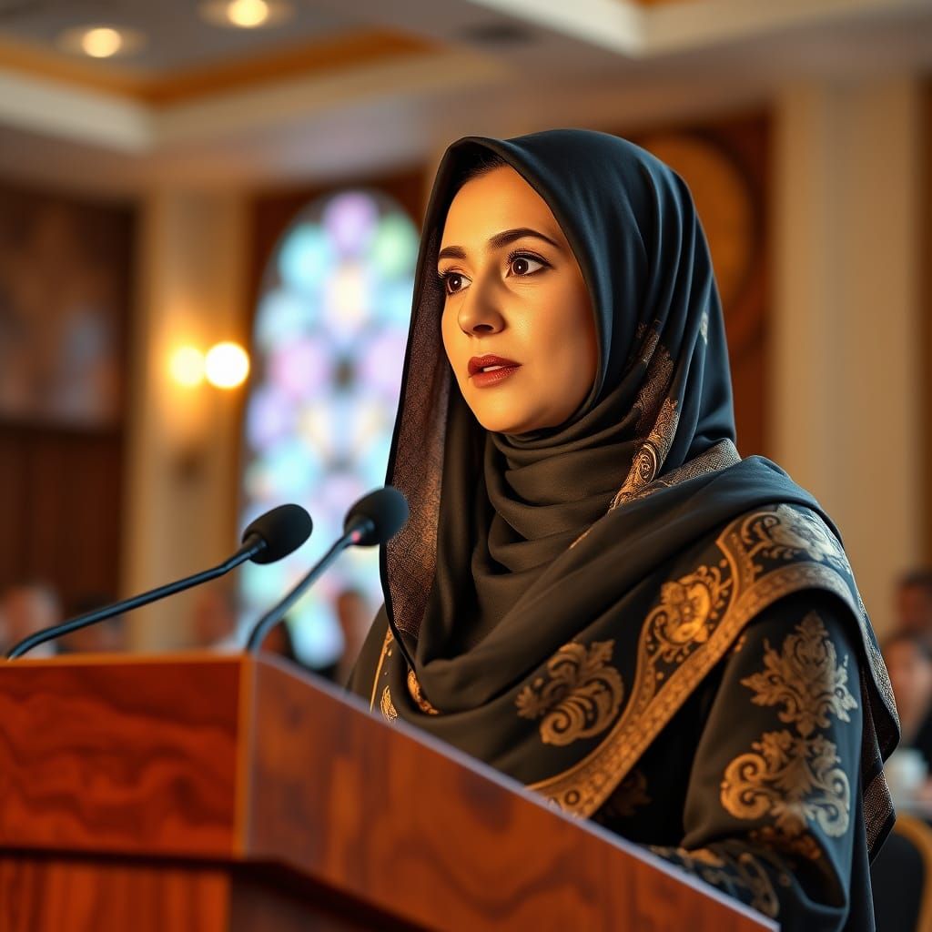 A serene beautiful hijabi Russian woman is a speaker.