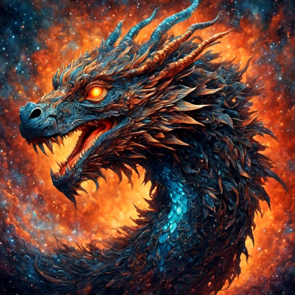 Smoke Dragon with Nebula Eyes in Gouache Style