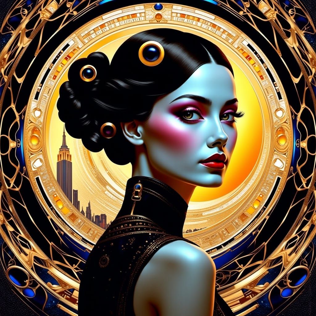 Retro-Futuristic Goddess Admires Futuristic Cityscape