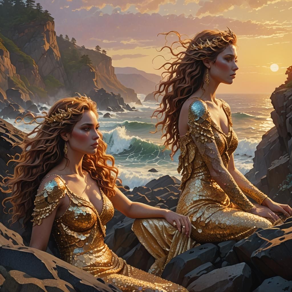 Sirens on Cliff Edge in Pointillism Style