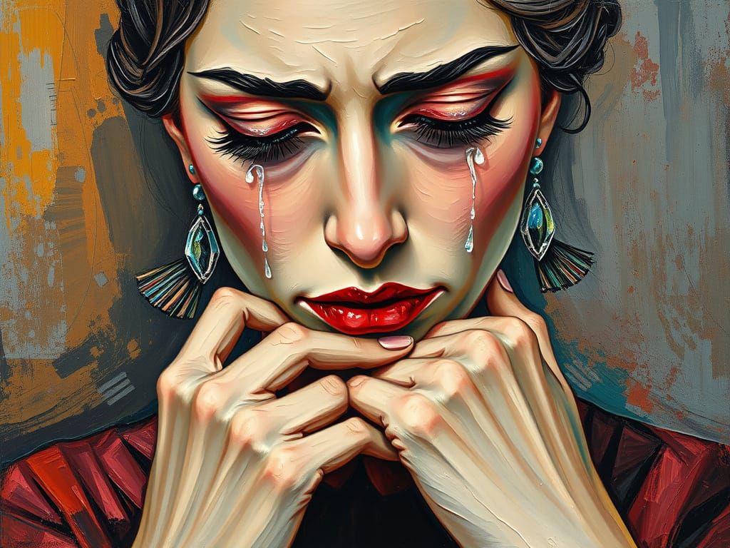 Sorrowful Woman Crying Crystalline Tears as Impasto Painting