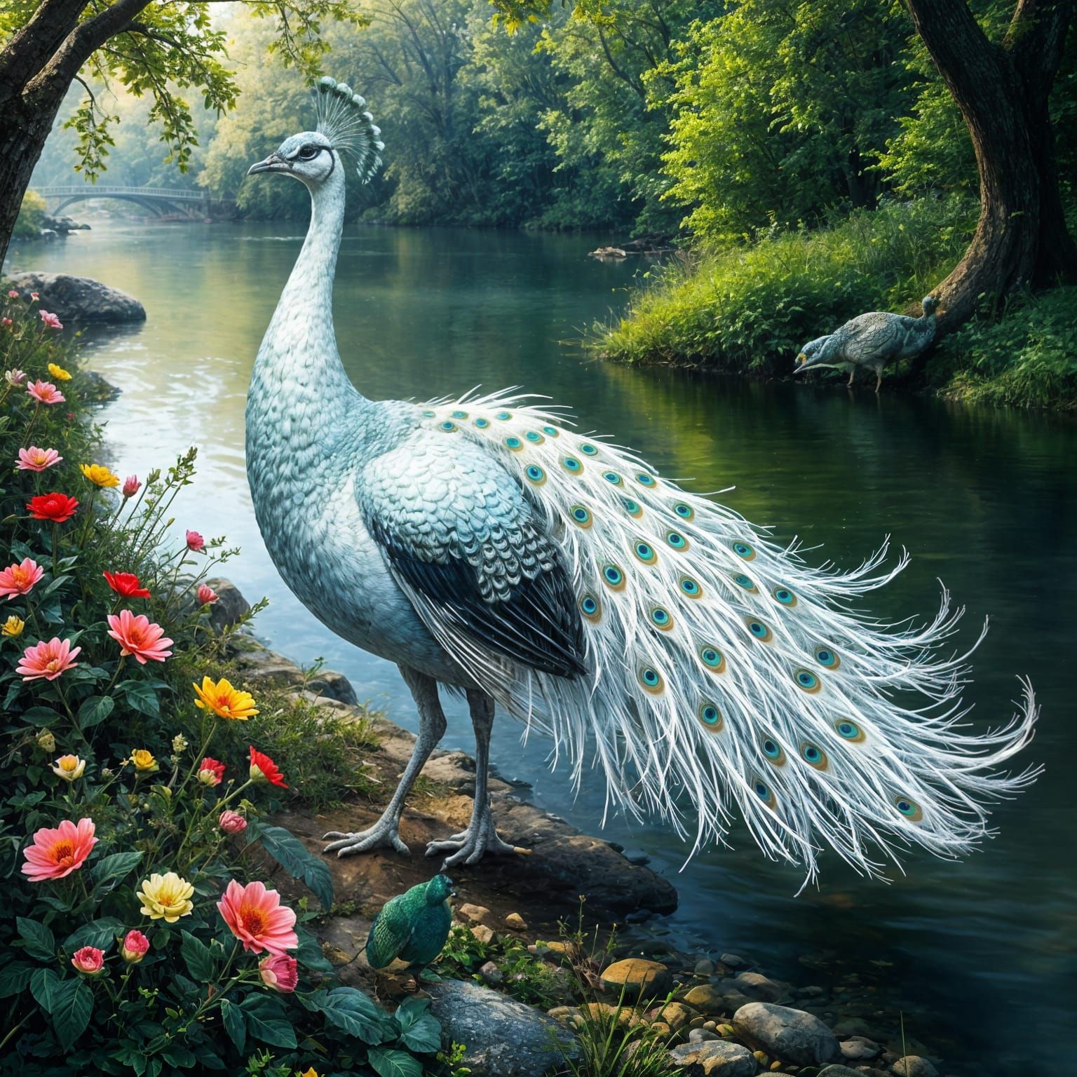 Snow Peacock Strolls Along Frozen Riverbank