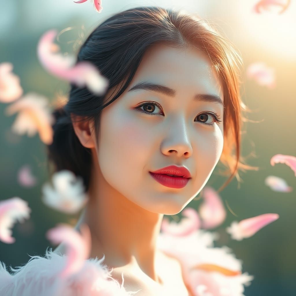 Dreamy Portrait of Asian Woman with Feathers