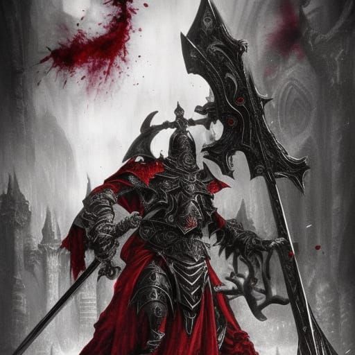 Grimdark Paladin in Crimson Armor on Roses