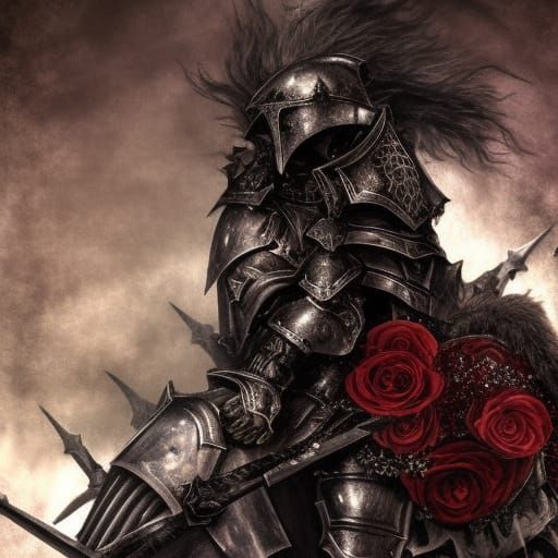 Unholy Paladin in Crimson Armor on Bed of Roses