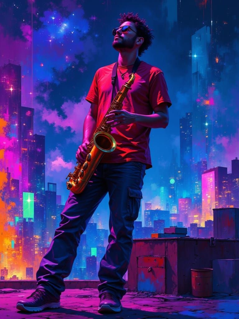 Jazz Musician's Ecstasy: Neon Cityscape in Impasto Style