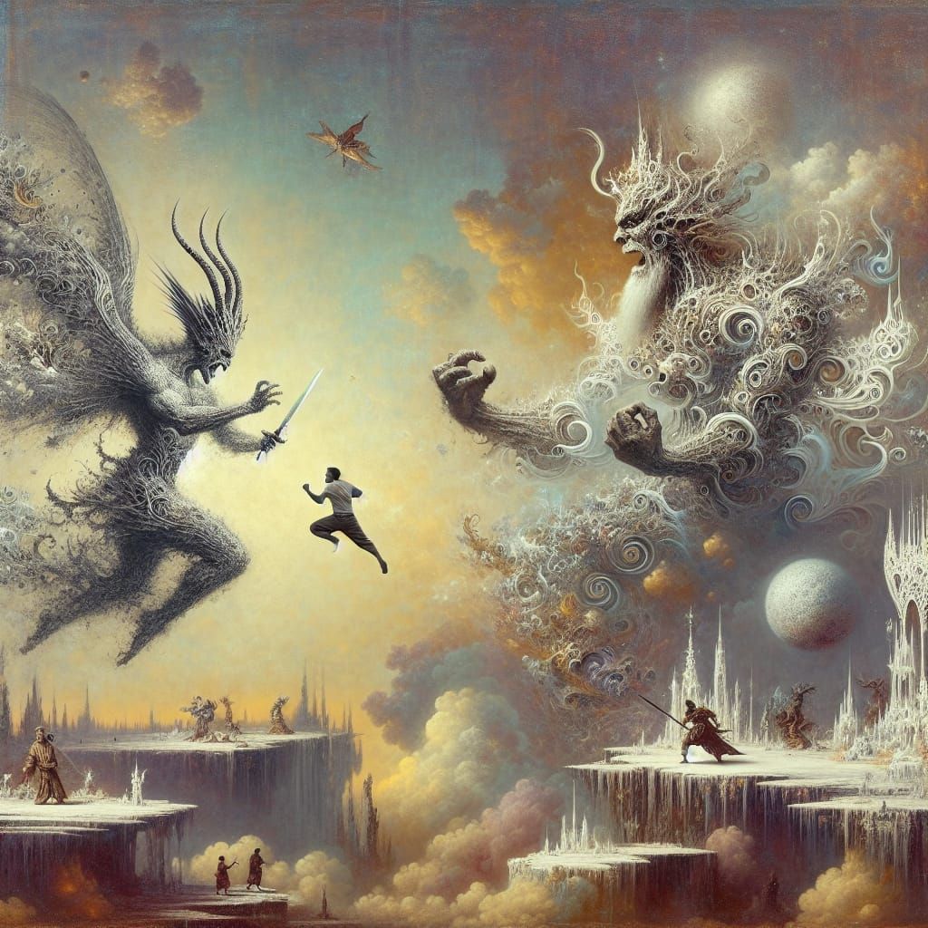 Epic Celestial Battle in Surreal Oil Painting