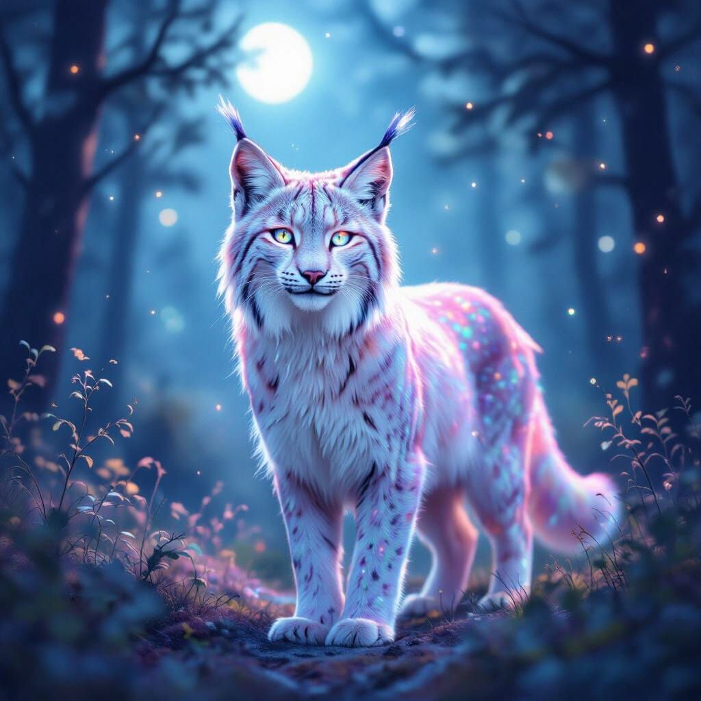 Luminous Pastel Lynx in Moonlit Starry Forest