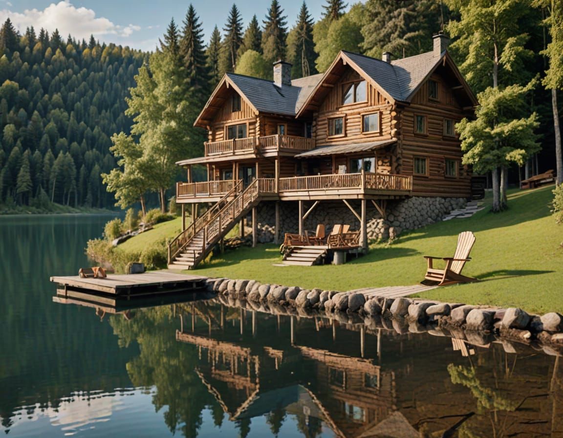 Rustic Lakeside Log House in 8K Resolution