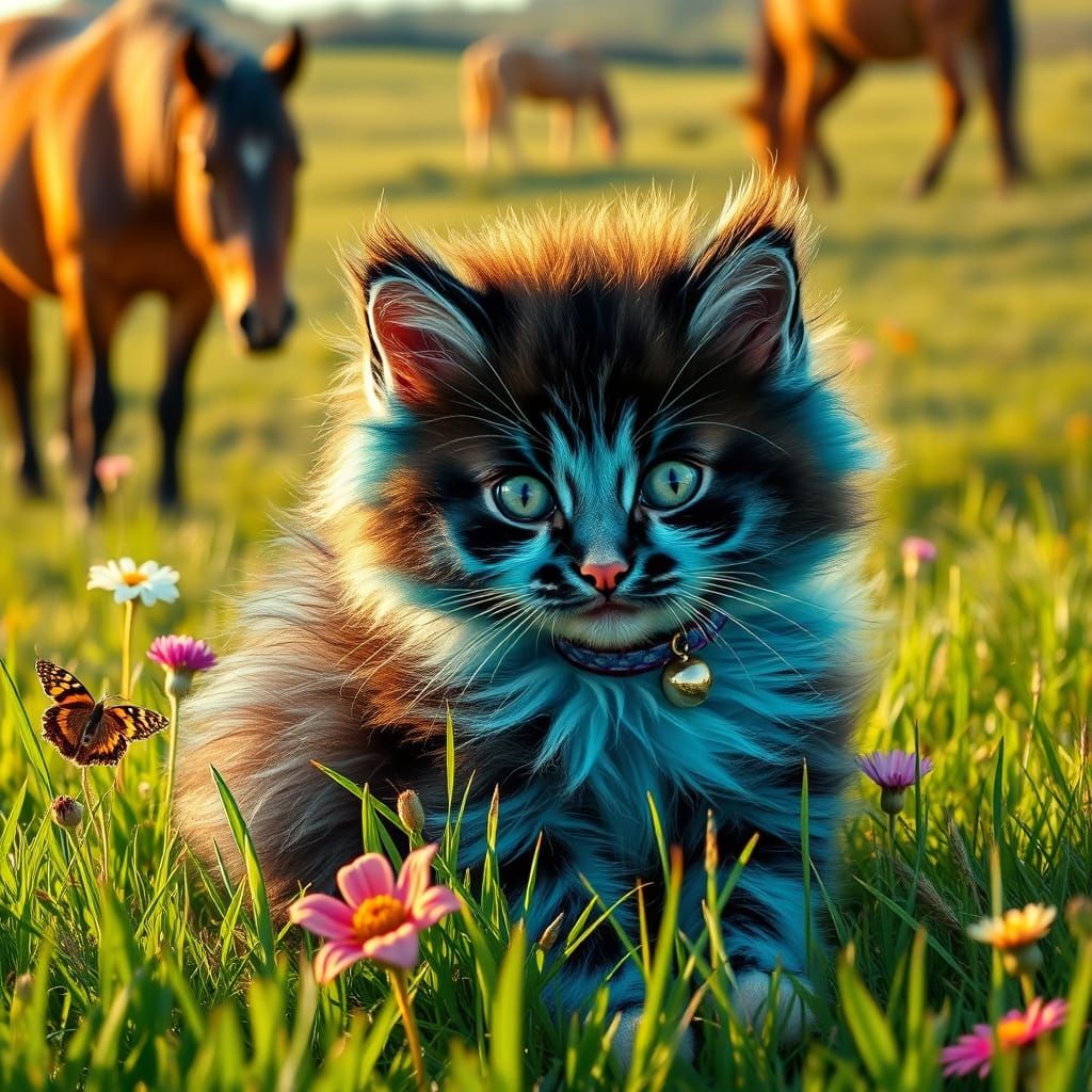 Surreal Pastoral Scene with Kitten and Horses in a Lush Gree...