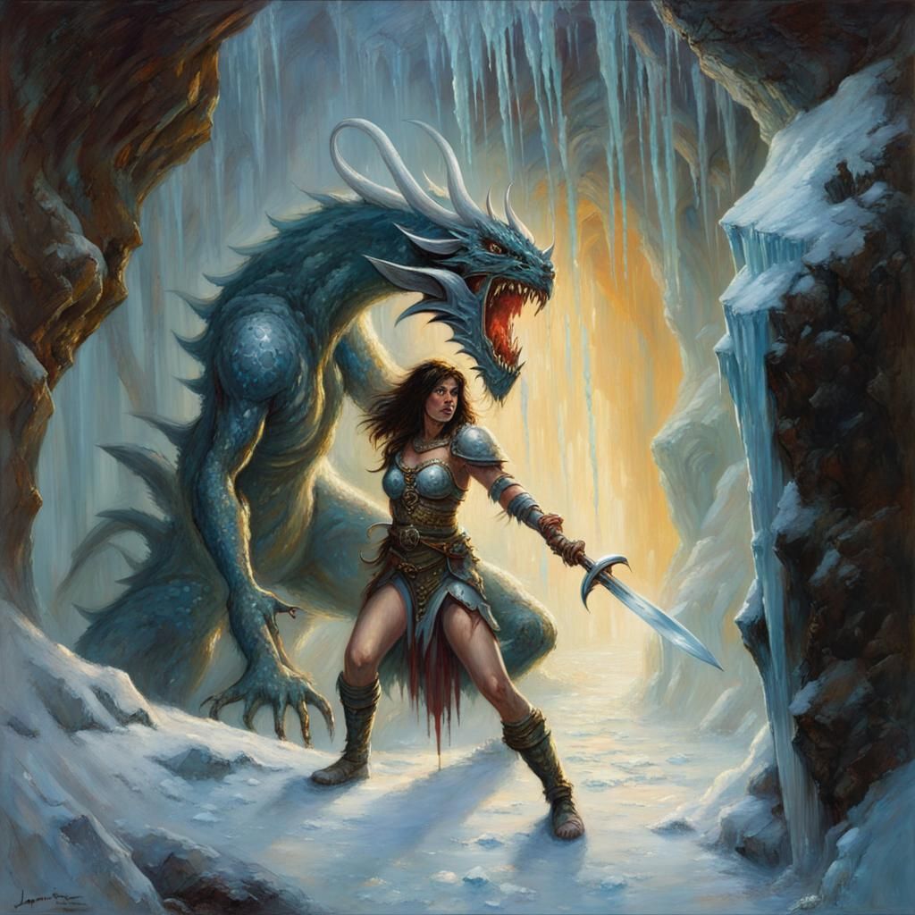 Dragon Warrior vs Ice Demon in Frazetta Style