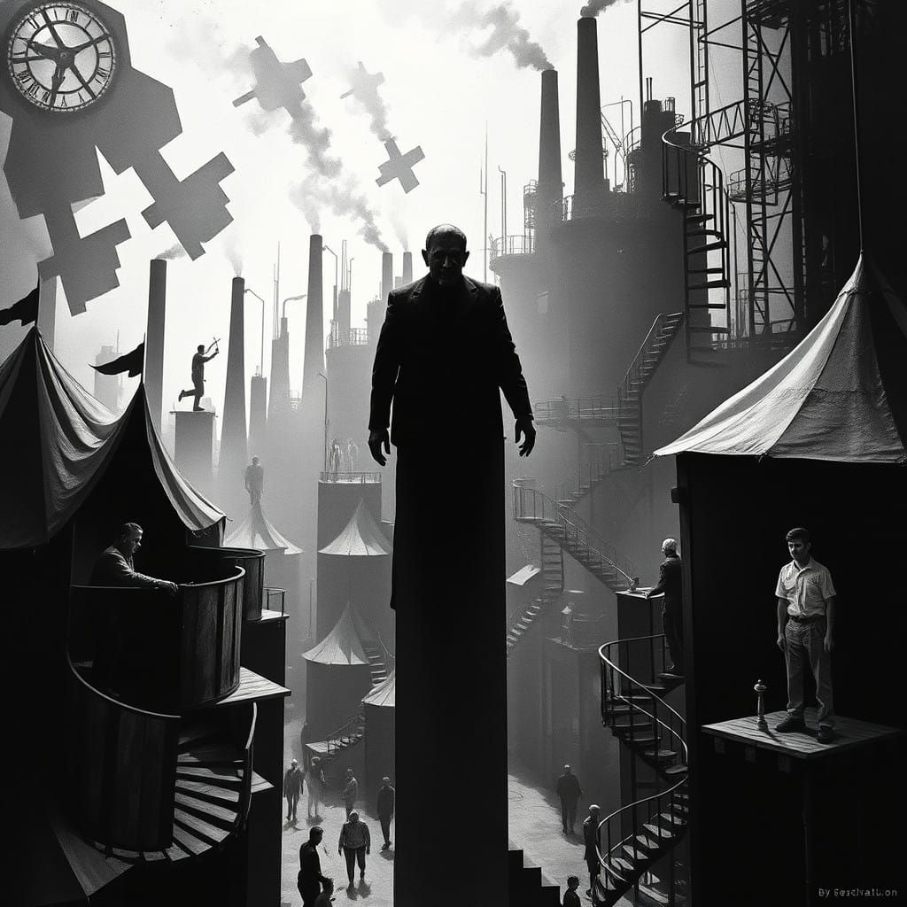 Industrial Horror Dreamscape: Elongated Silhouettes Amidst T...