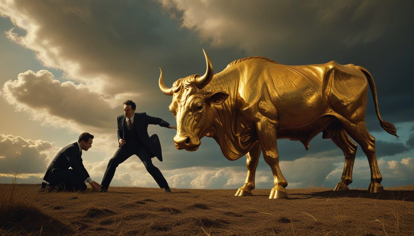 Surrealist Businessman Crawls Toward a Golden Calf