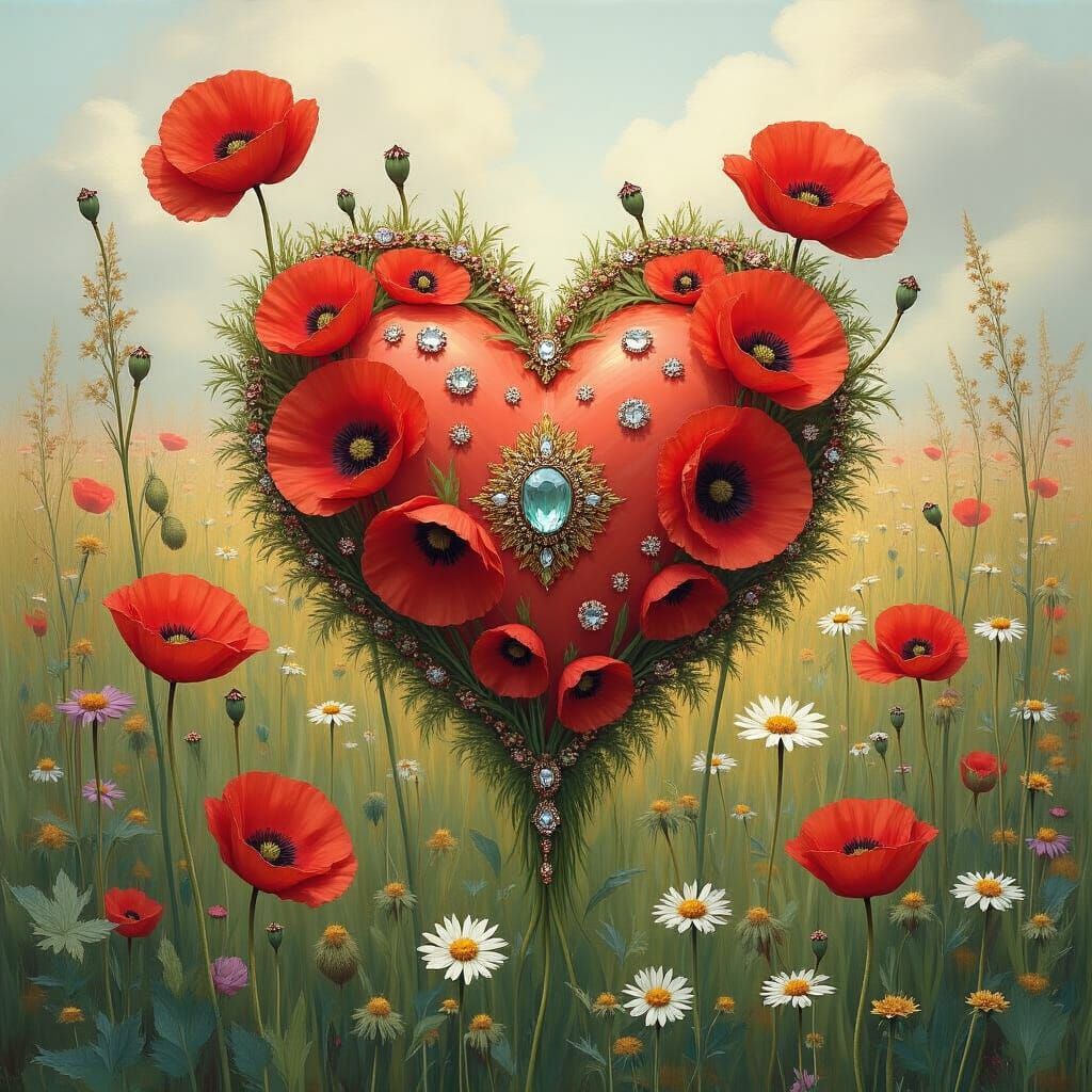 Poppy Heart over Wildflower Field in Impressionist Style