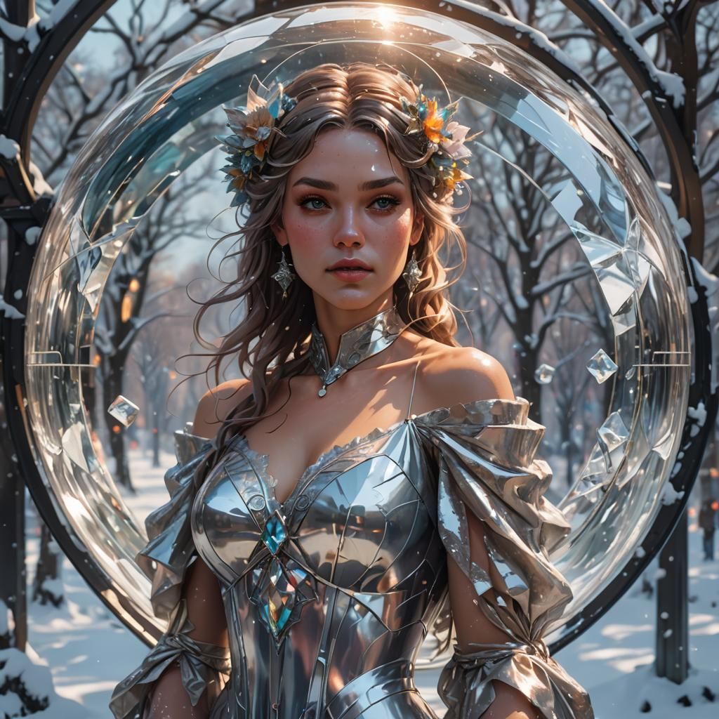 Woman in Glass Cube in Snow, Hyperdetailed Portrait