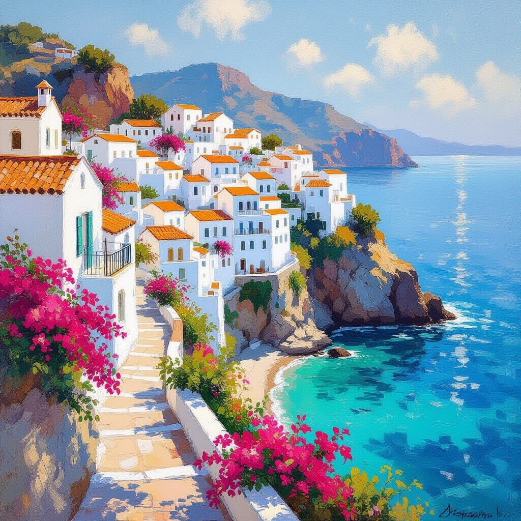 Idyllic Mediterranean Village in Golden Afternoon Light