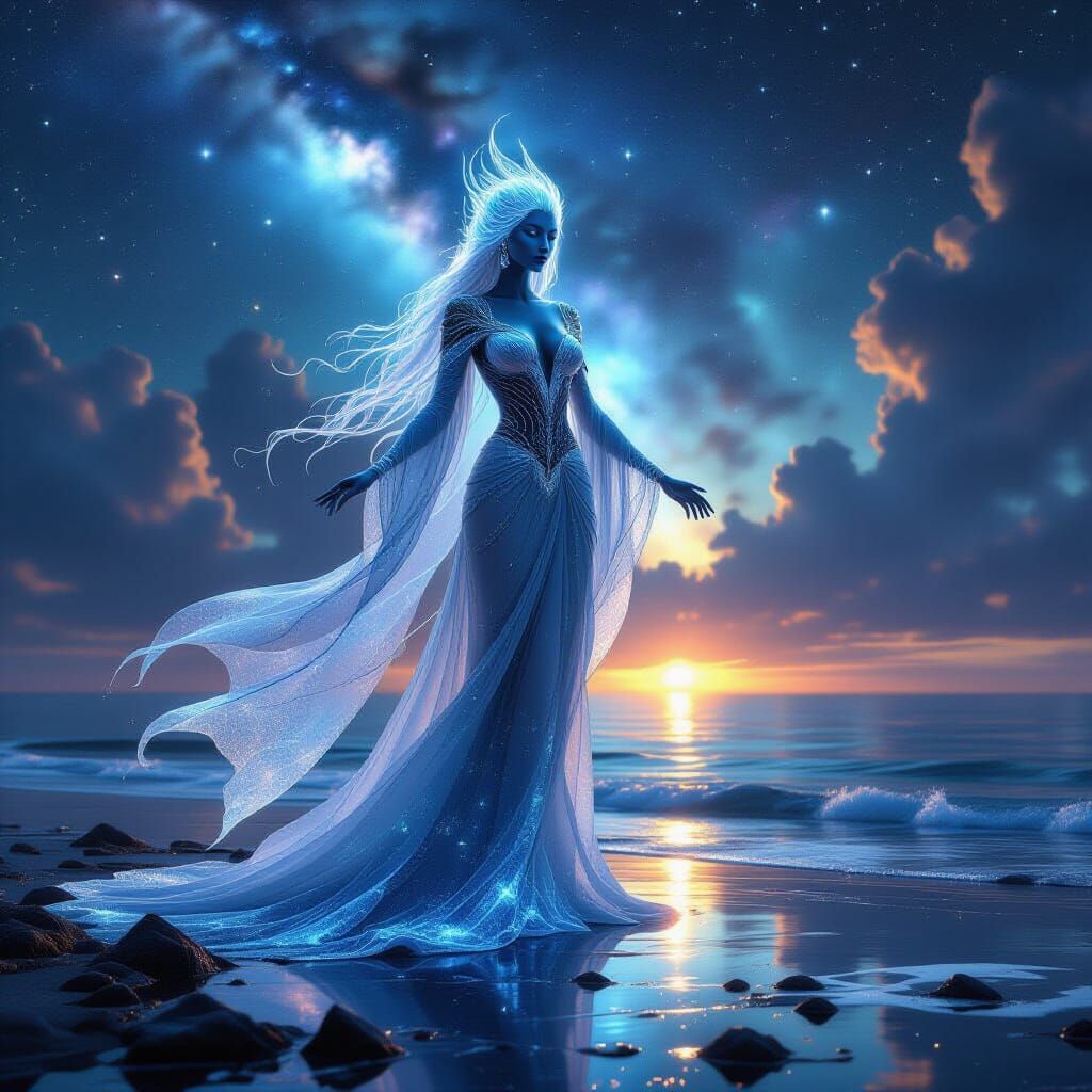 Majestic Water Spirit on Crystalline Shore Under Nebula Sky