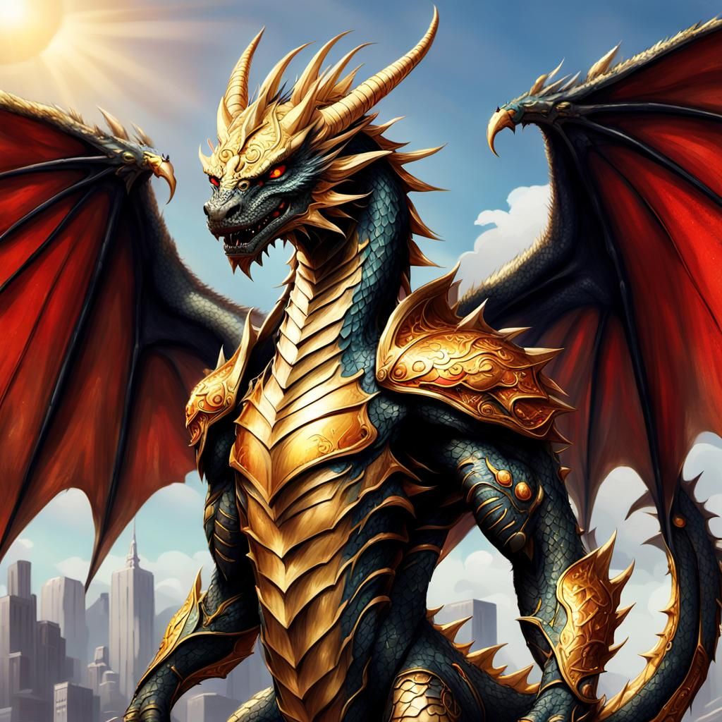 Anthropomorphic Winged Dragon with Futuristic Car