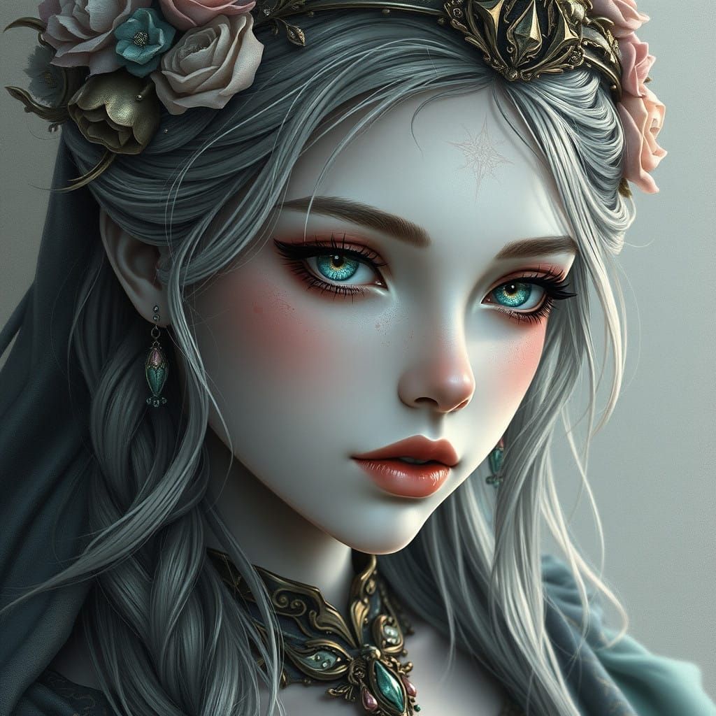 Medieval Fantasy Princess in Charcoal with Soft Pink and Gre...