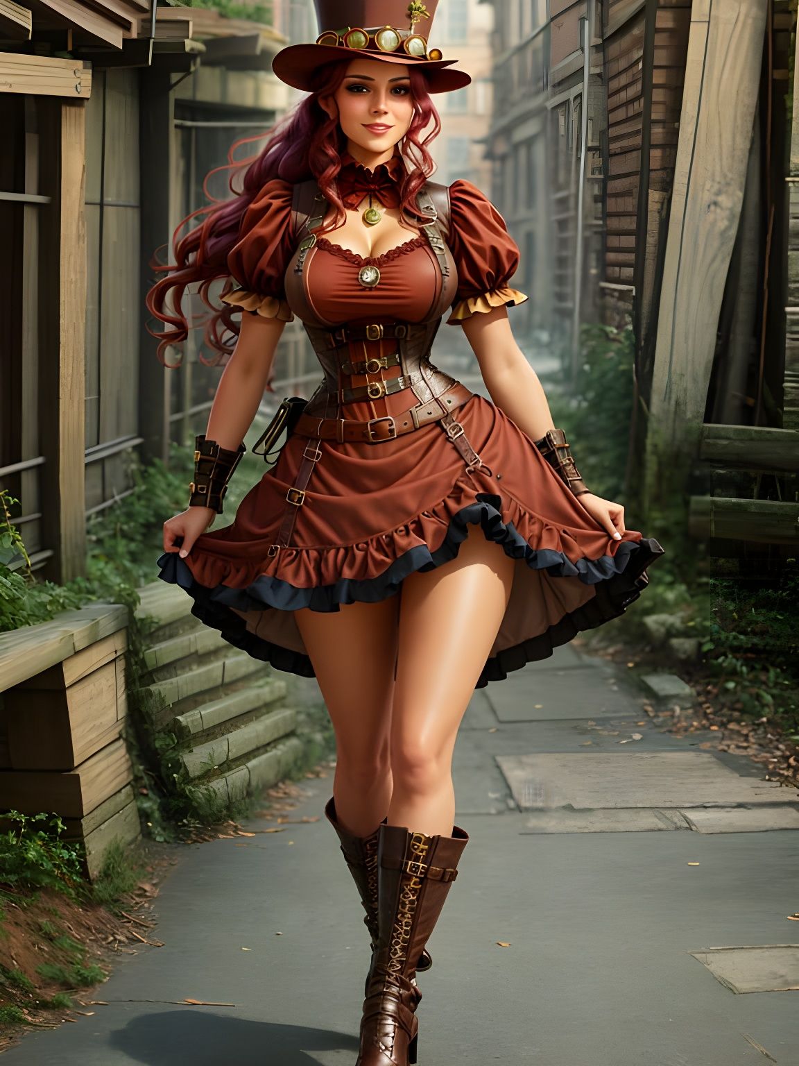 Steampunk Girl in Red Dress, 4K Digital Art