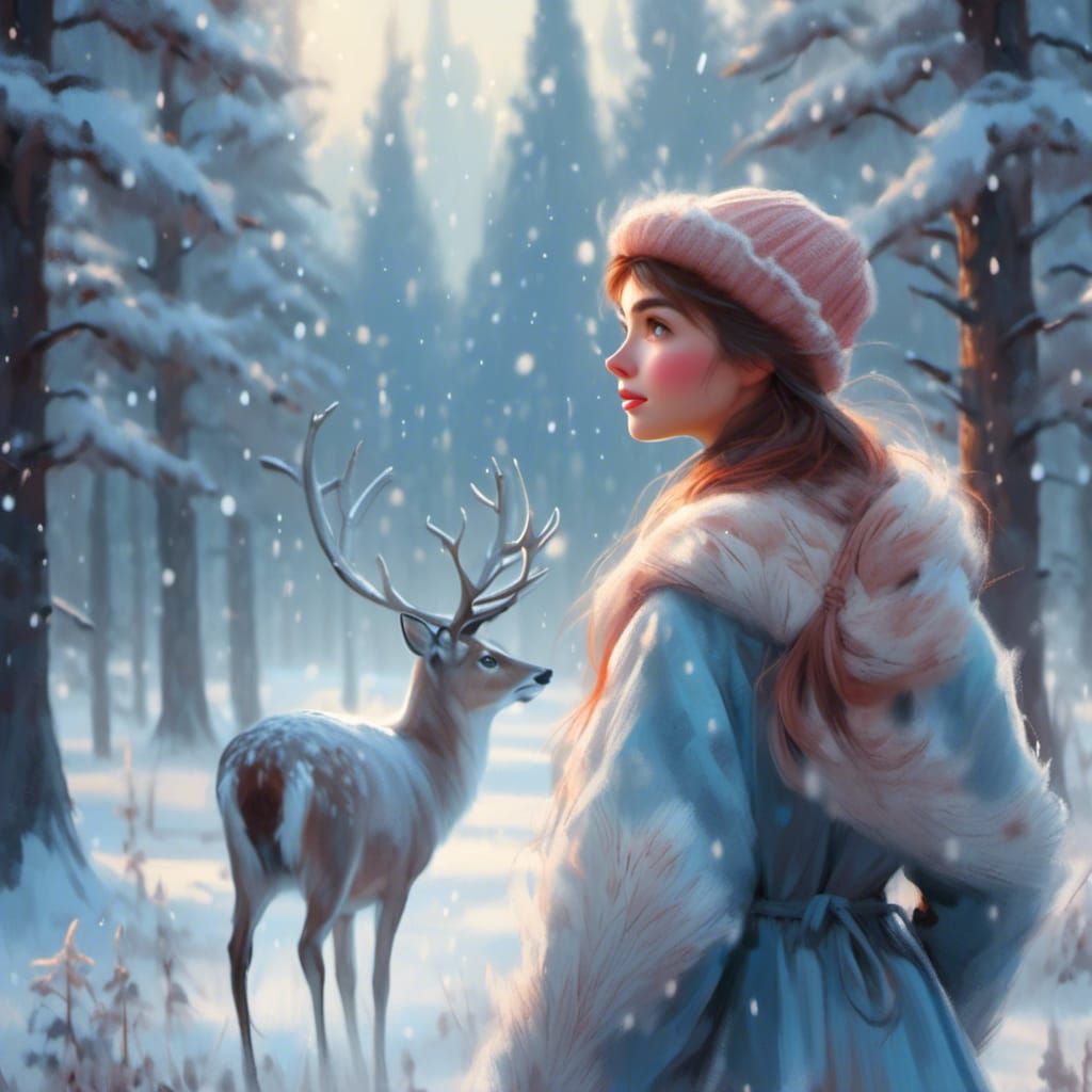 Winter Wonderland: Woman and Deer in Snowy Forest