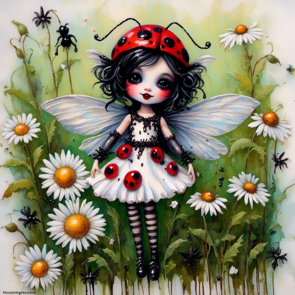 Ladybug Fairy over Encaustic Daisy: Doe-Eyed Doll