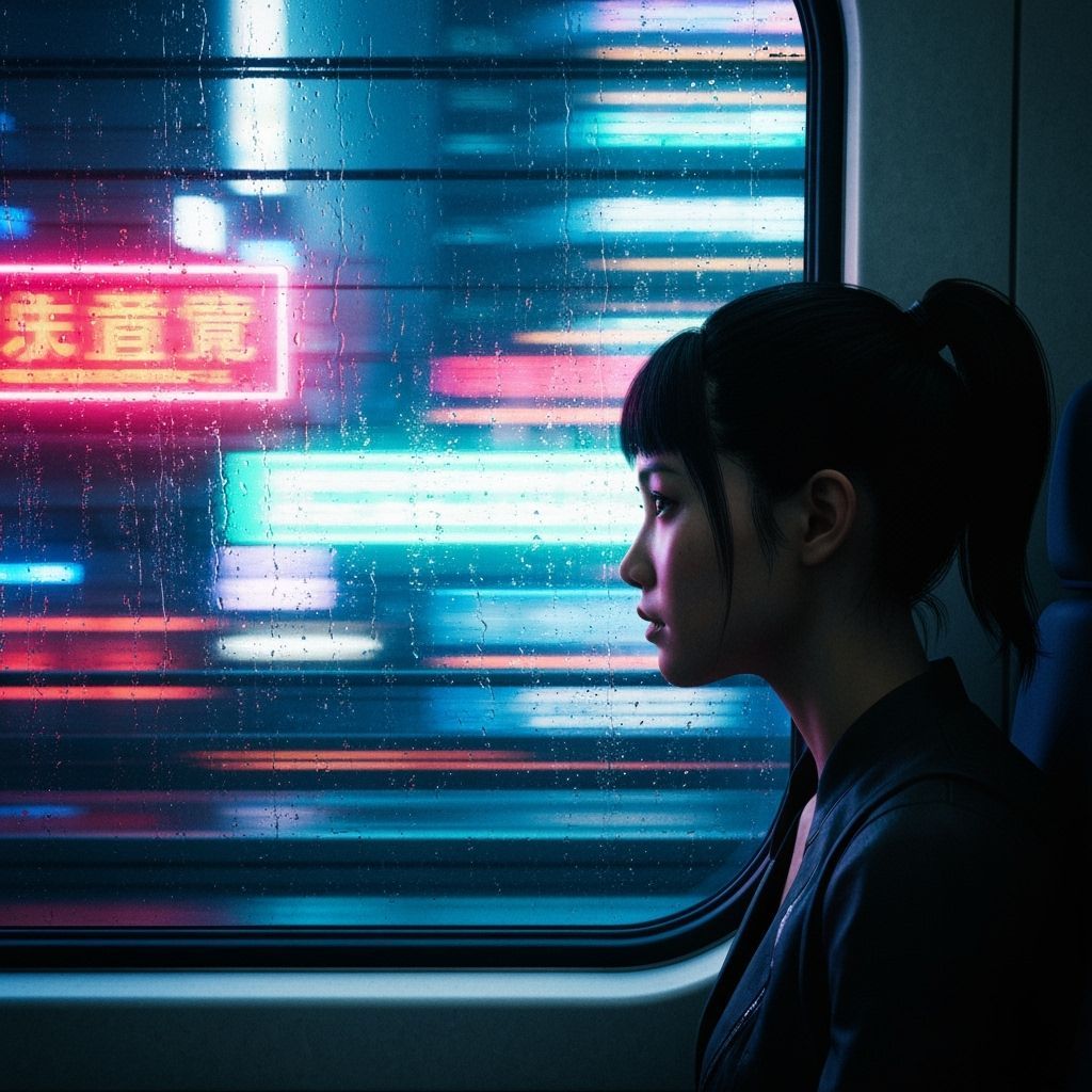 Cyberpunk Bullet Train Window View of Neon City