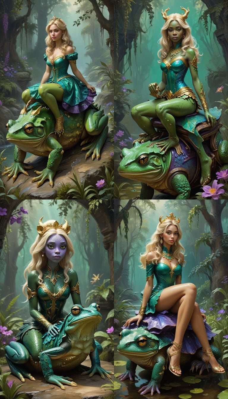 Thick-Brushed Oil Painting of a Princess on a Colossal Frog