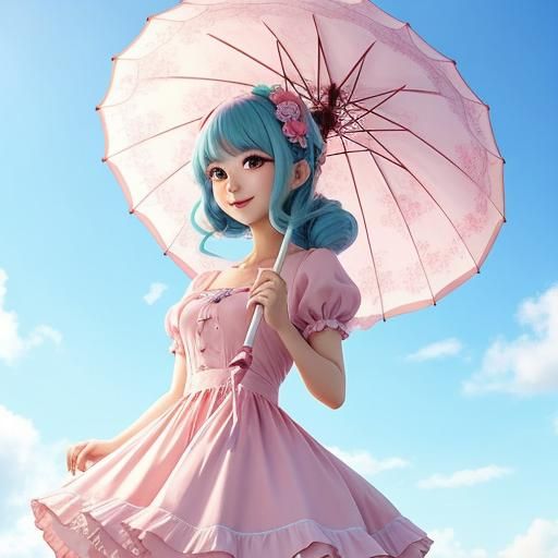 Kawaii Girl with Parasol in Pastel Dress