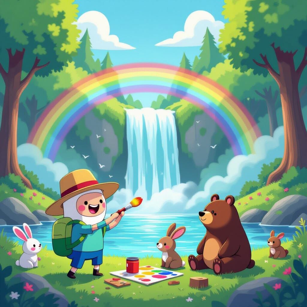 Finn Painting a Vibrant Waterfall Landscape