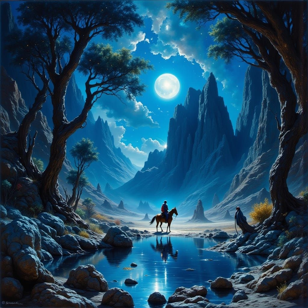 Desert Oasis Under Moonlight in Hyperrealism Style