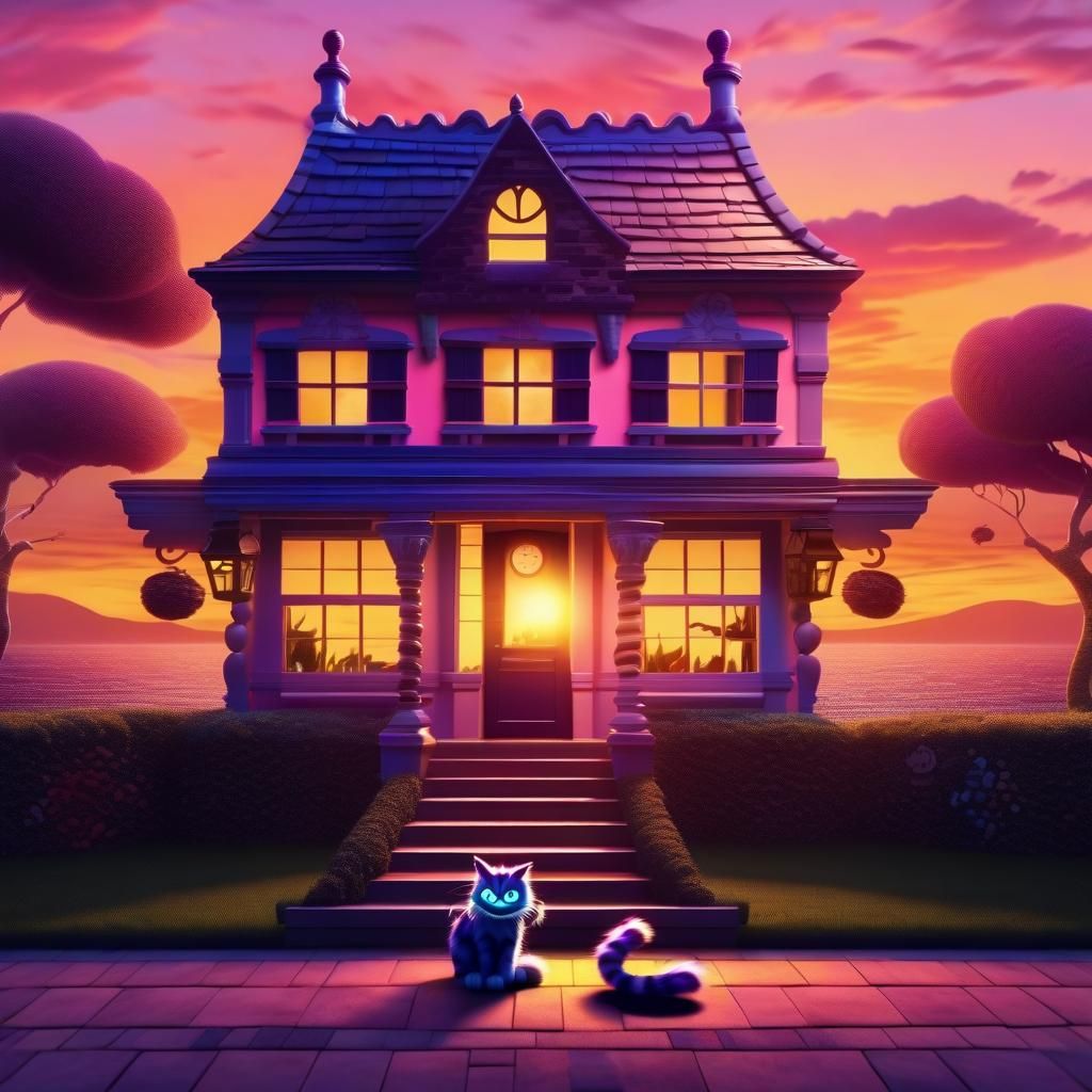 Cheshire Cat at nice house at sunset